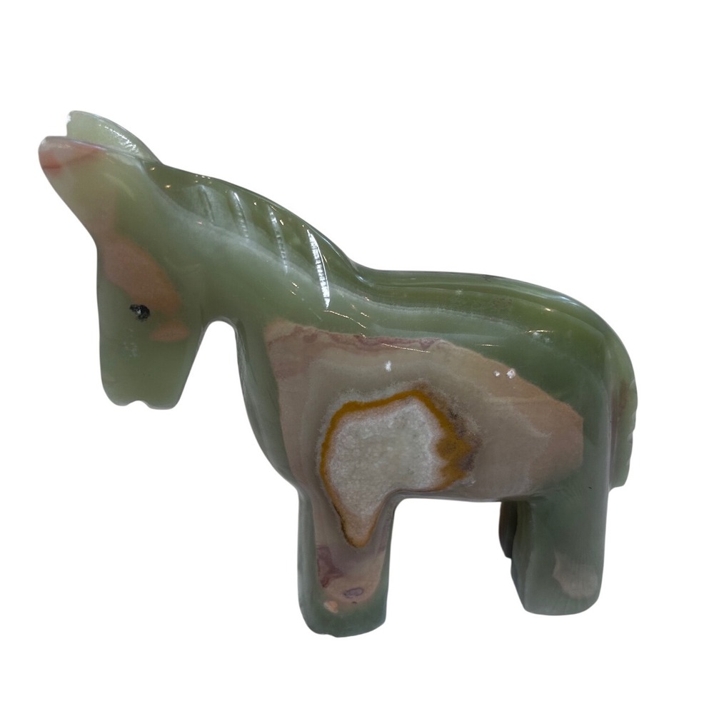 Vintage Hand Carved‎ Green Onyx Donkey Figurine Polished Stone Animal Sculpture